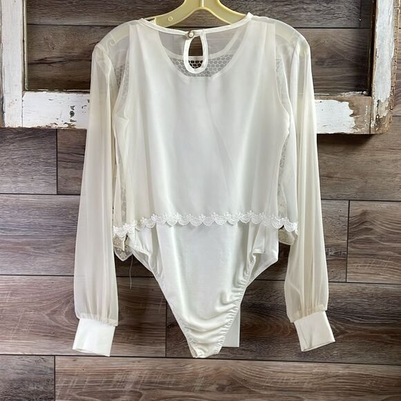 SAM Fashion White 2 Pc Lace Overlay Body Suit,Size Med,White,Lace Heart Overlay - Picture 4 of 11